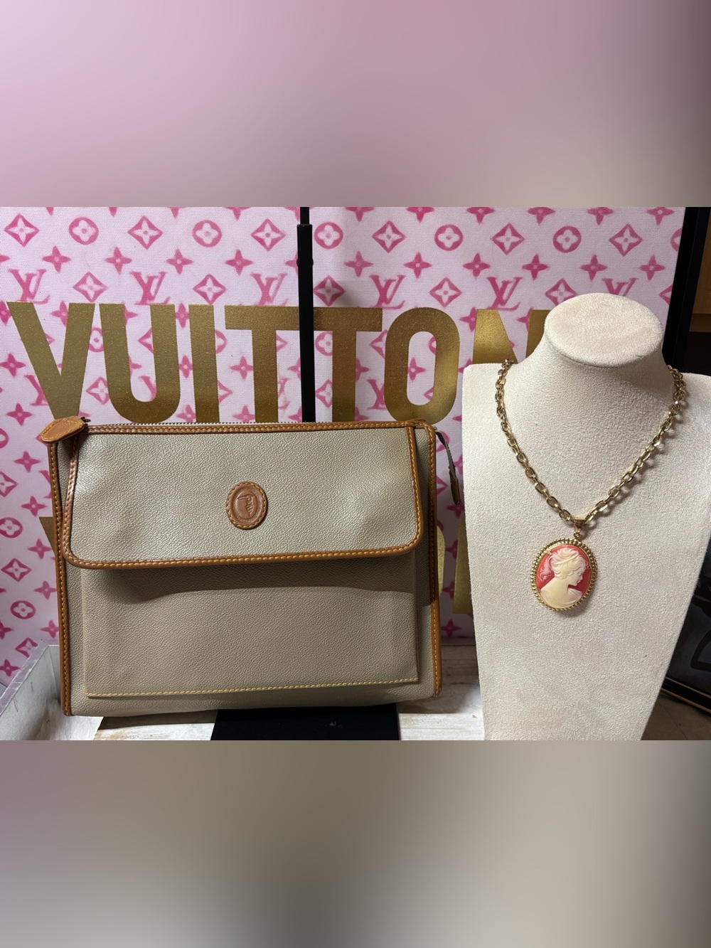 Vintage trussardi clutch and cameo necklace